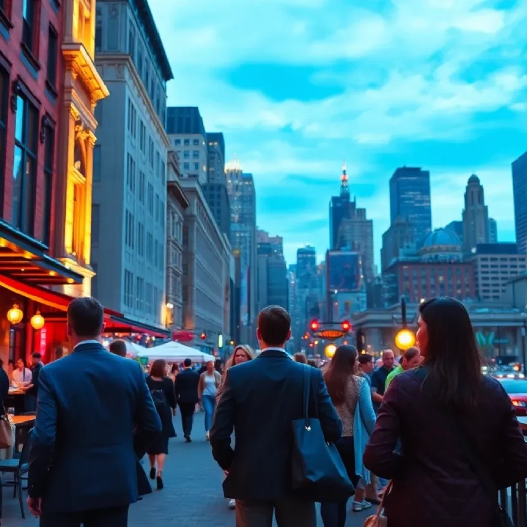 Philadelphia skyline with business travelers at night