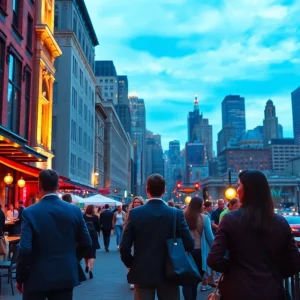 Philadelphia skyline with business travelers at night