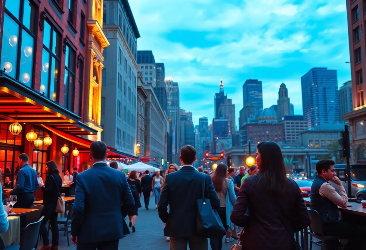Philadelphia skyline with business travelers at night