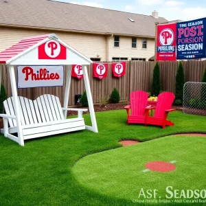 Transformed Phillies-themed backyard with swing set and play area