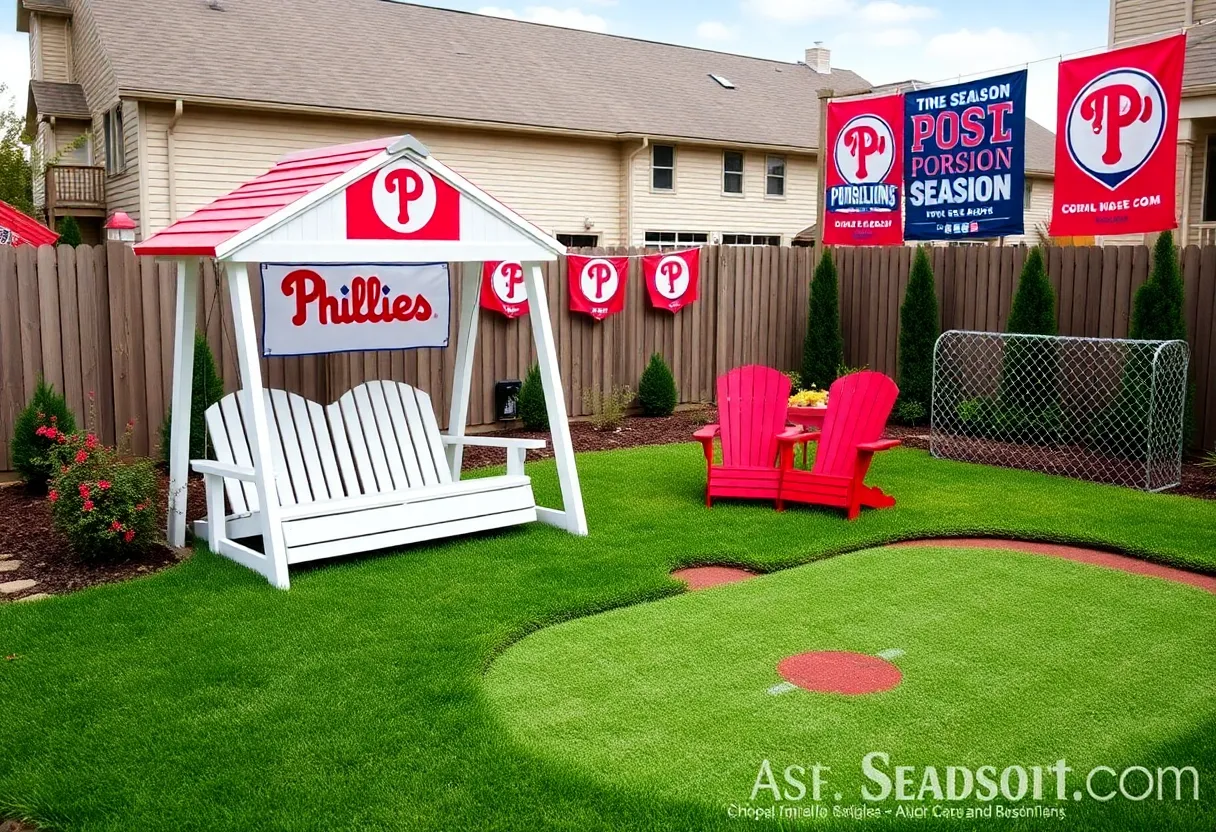 Transformed Phillies-themed backyard with swing set and play area
