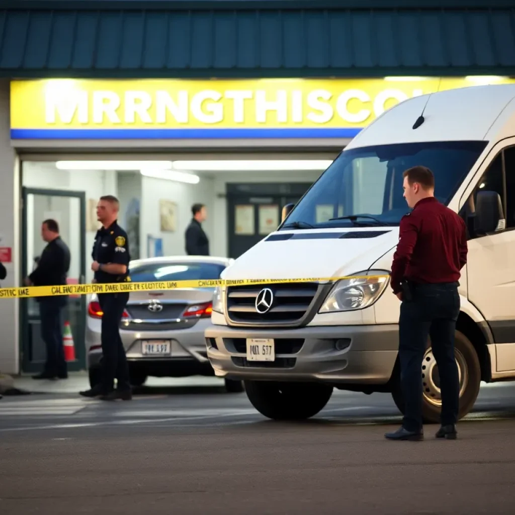 Police investigating a robbery scene outside a car repair shop