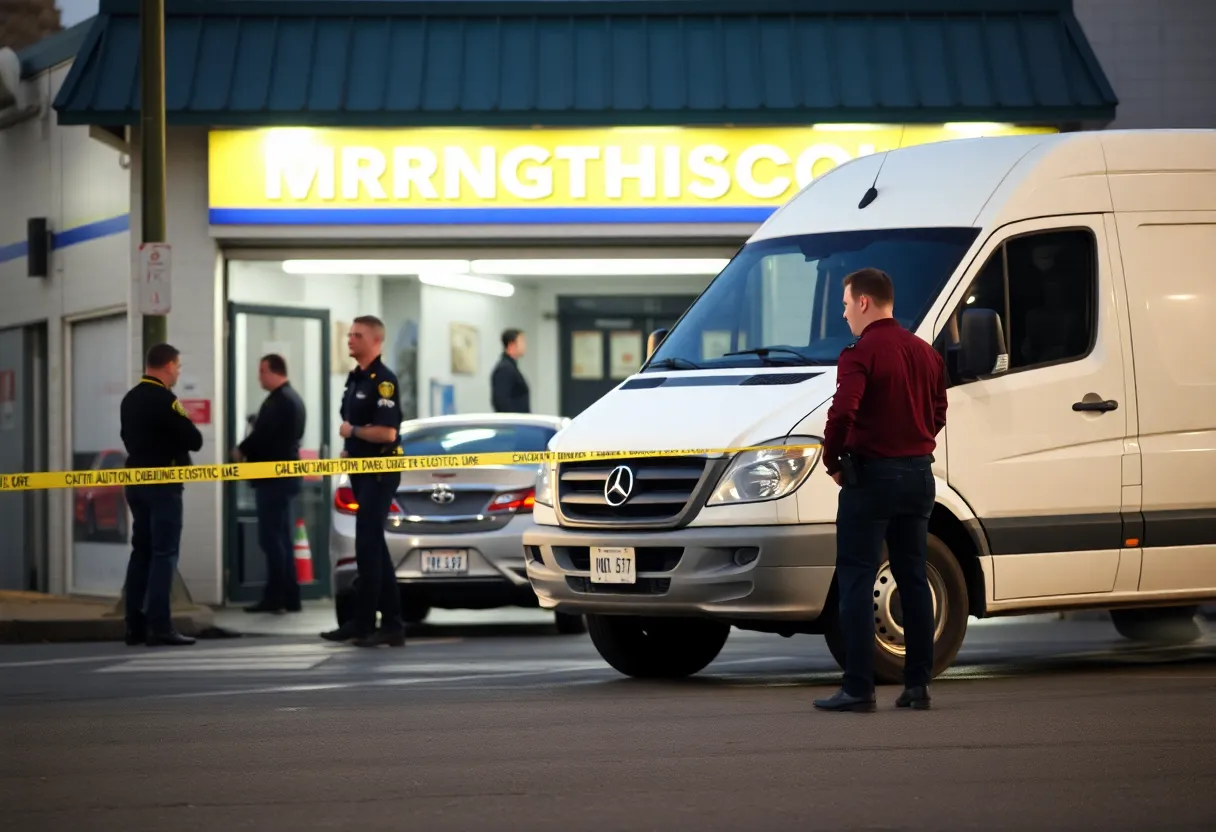 Police investigating a robbery scene outside a car repair shop
