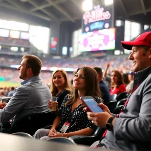 Guests at a corporate event enjoying a Phillies game