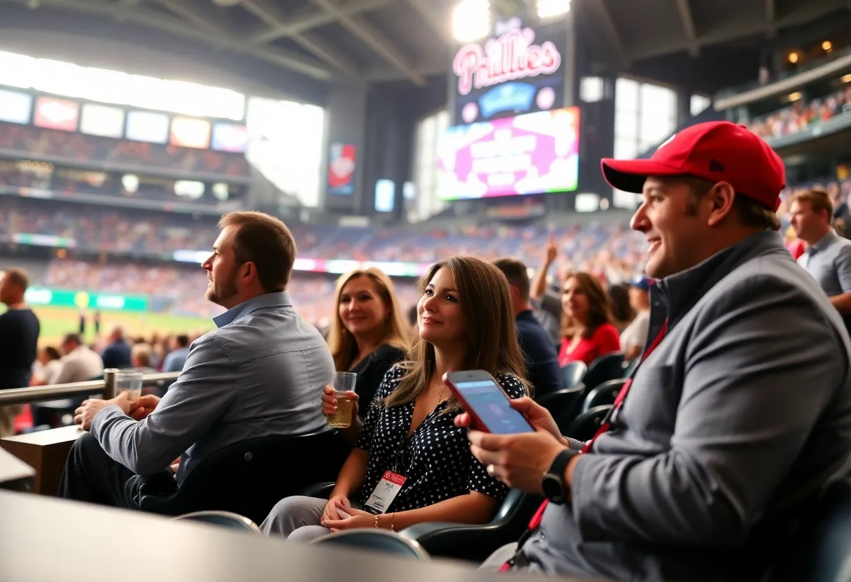 Guests at a corporate event enjoying a Phillies game