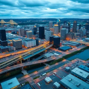Aerial view of Pittsburgh with energy infrastructure and universities