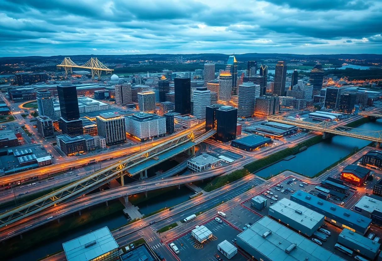 Aerial view of Pittsburgh with energy infrastructure and universities