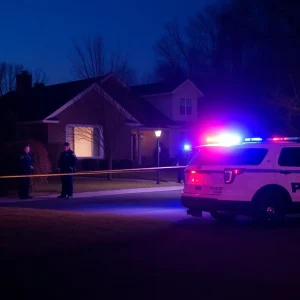 Emergency vehicles outside a suburban home at night