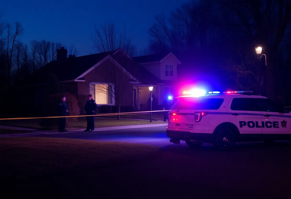 Emergency vehicles outside a suburban home at night