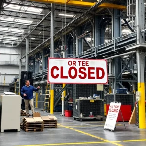Exterior view of the PPG Elverson manufacturing facility with closure signs.