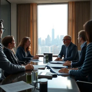 A diverse group of professionals collaborating in an office regarding investment strategies.
