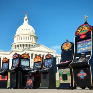 Collage of various skill game machines with a government building in the background