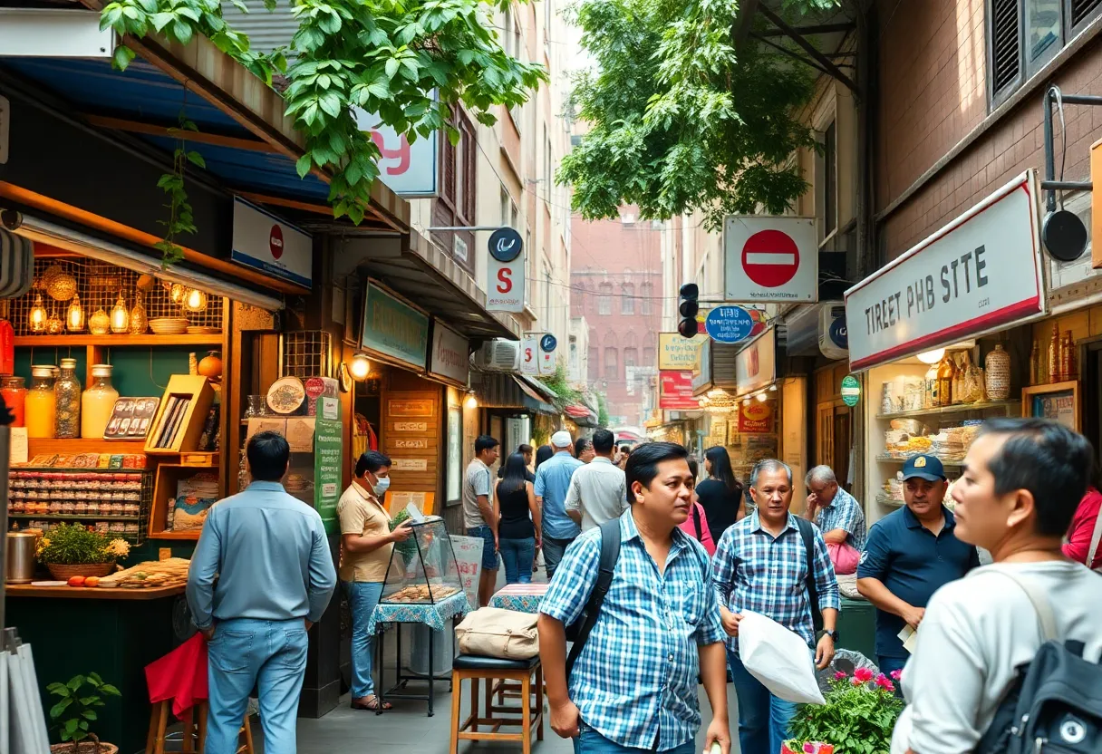 A lively urban area highlighting small businesses and community engagement in Erie, Pennsylvania.