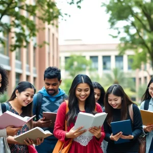 Diverse university students studying on campus