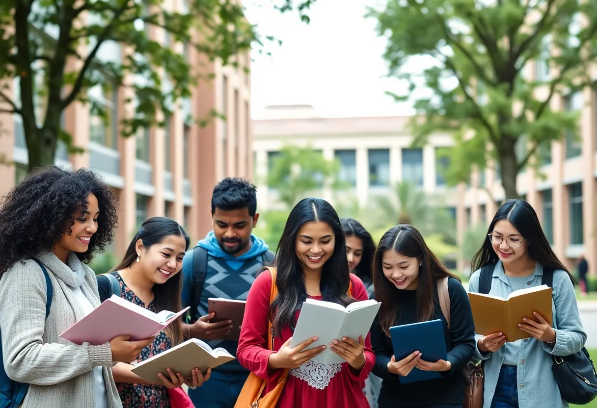Diverse university students studying on campus