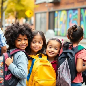 Children with backpacks walking in an urban environment symbolizing support for homeless students.