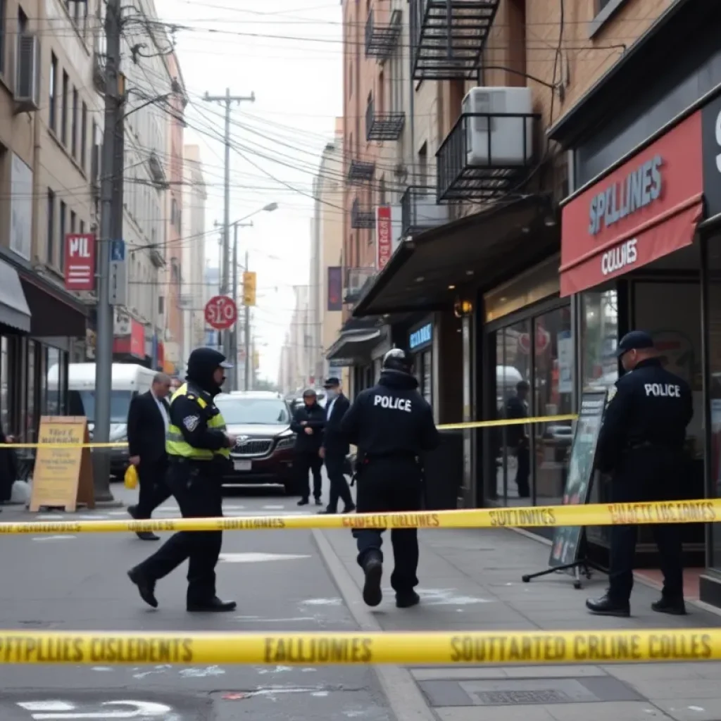 Police investigation scene showing damaged business with surveillance equipment.