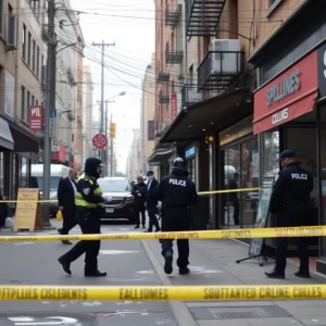 Police investigation scene showing damaged business with surveillance equipment.