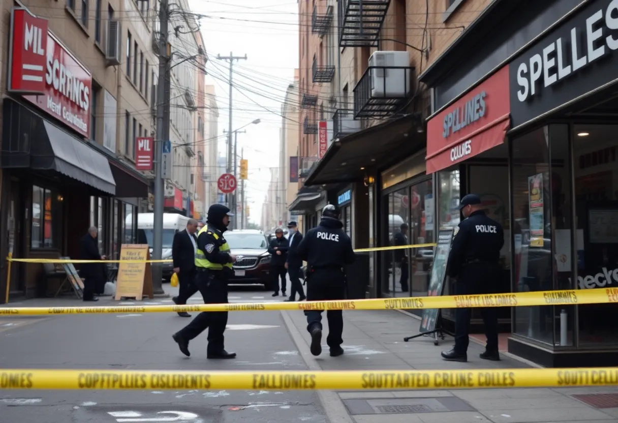 Police investigation scene showing damaged business with surveillance equipment.