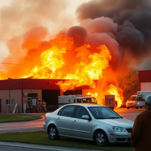 Firefighters battling a blaze at Tao's Auto Service