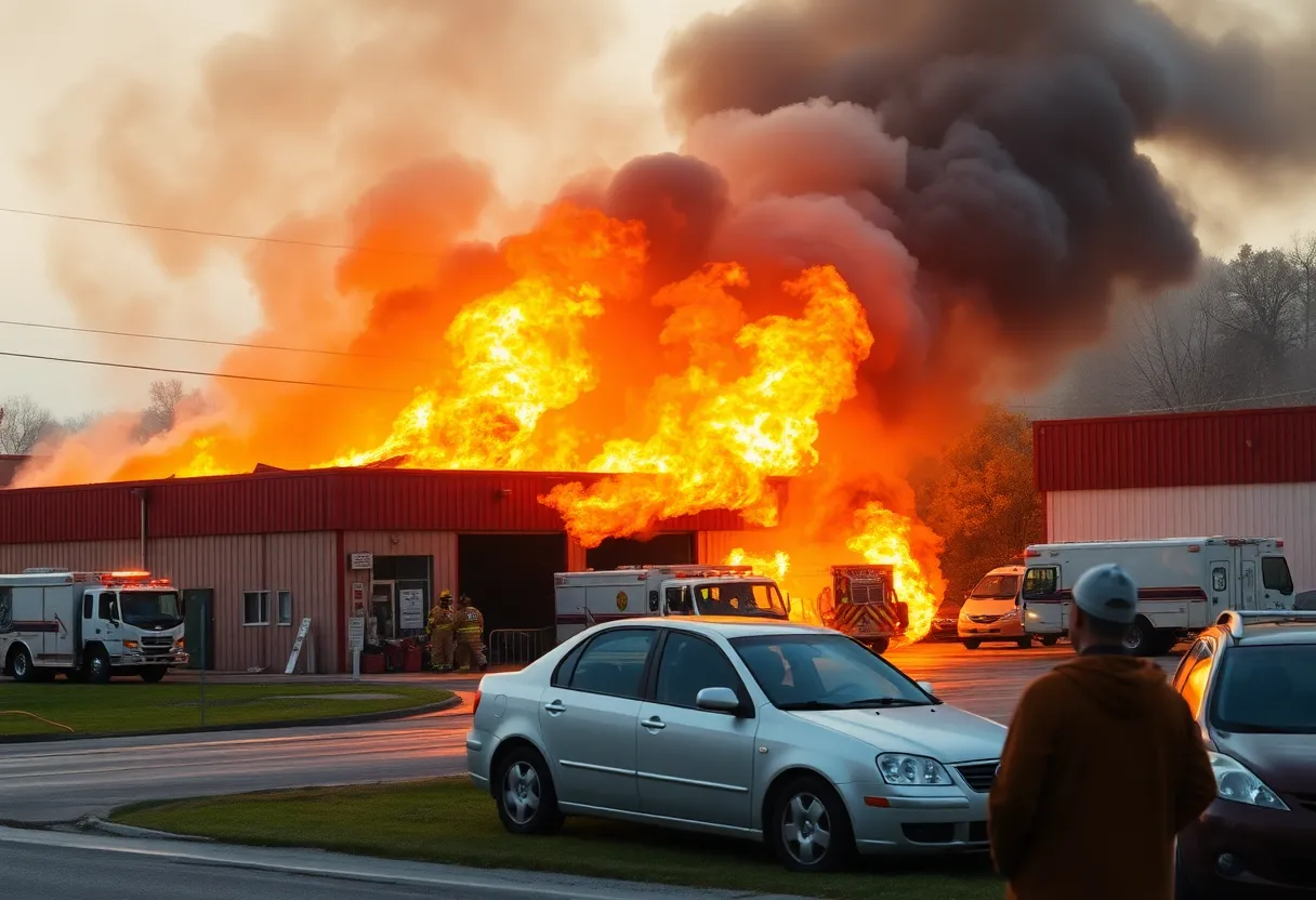 Firefighters battling a blaze at Tao's Auto Service