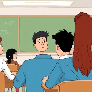 Illustration of a concerned teacher in a classroom