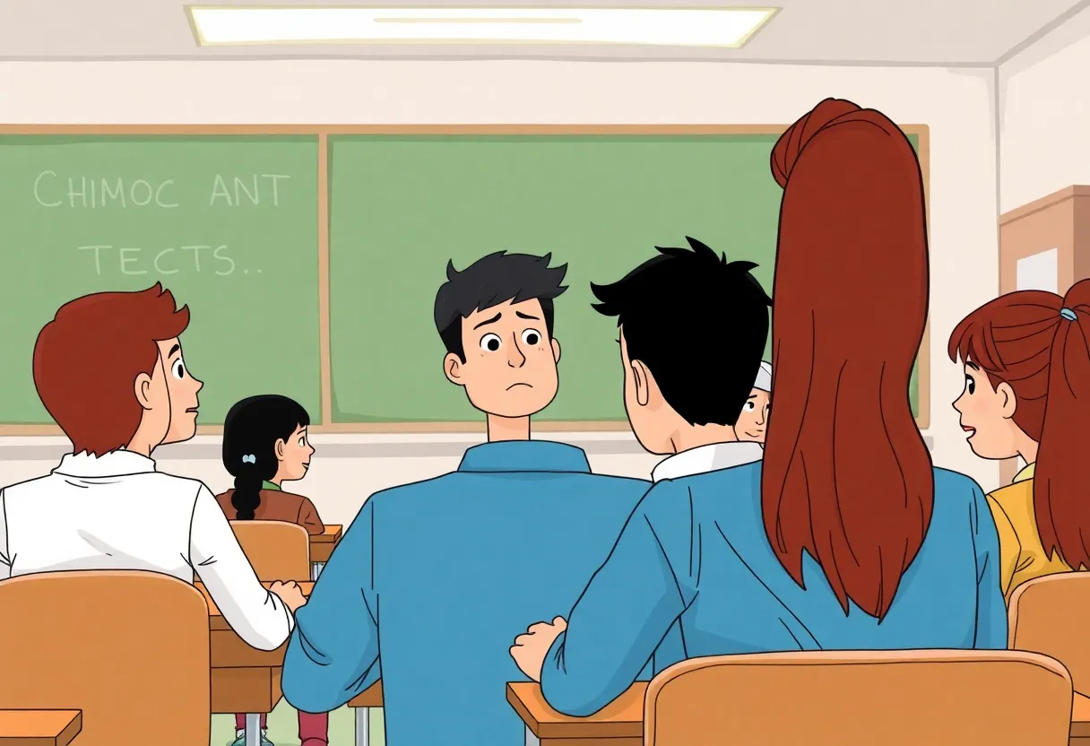 Illustration of a concerned teacher in a classroom