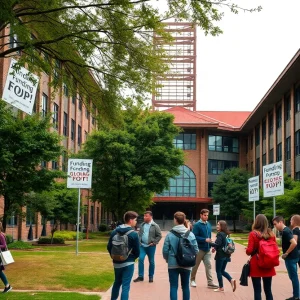 Students on a university campus discussing funding issues.