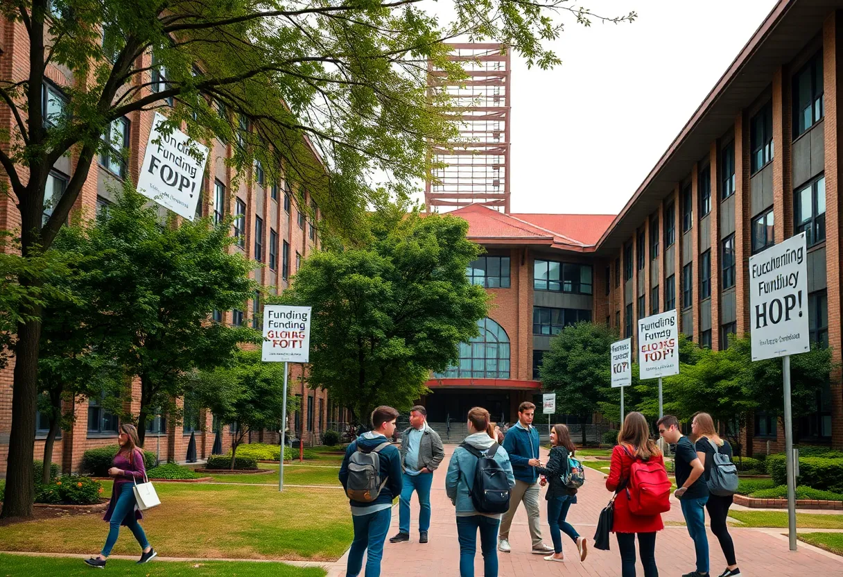 Students on a university campus discussing funding issues.
