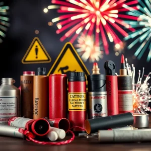 Caution sign against a backdrop of Fourth of July fireworks highlighting illegal explosives