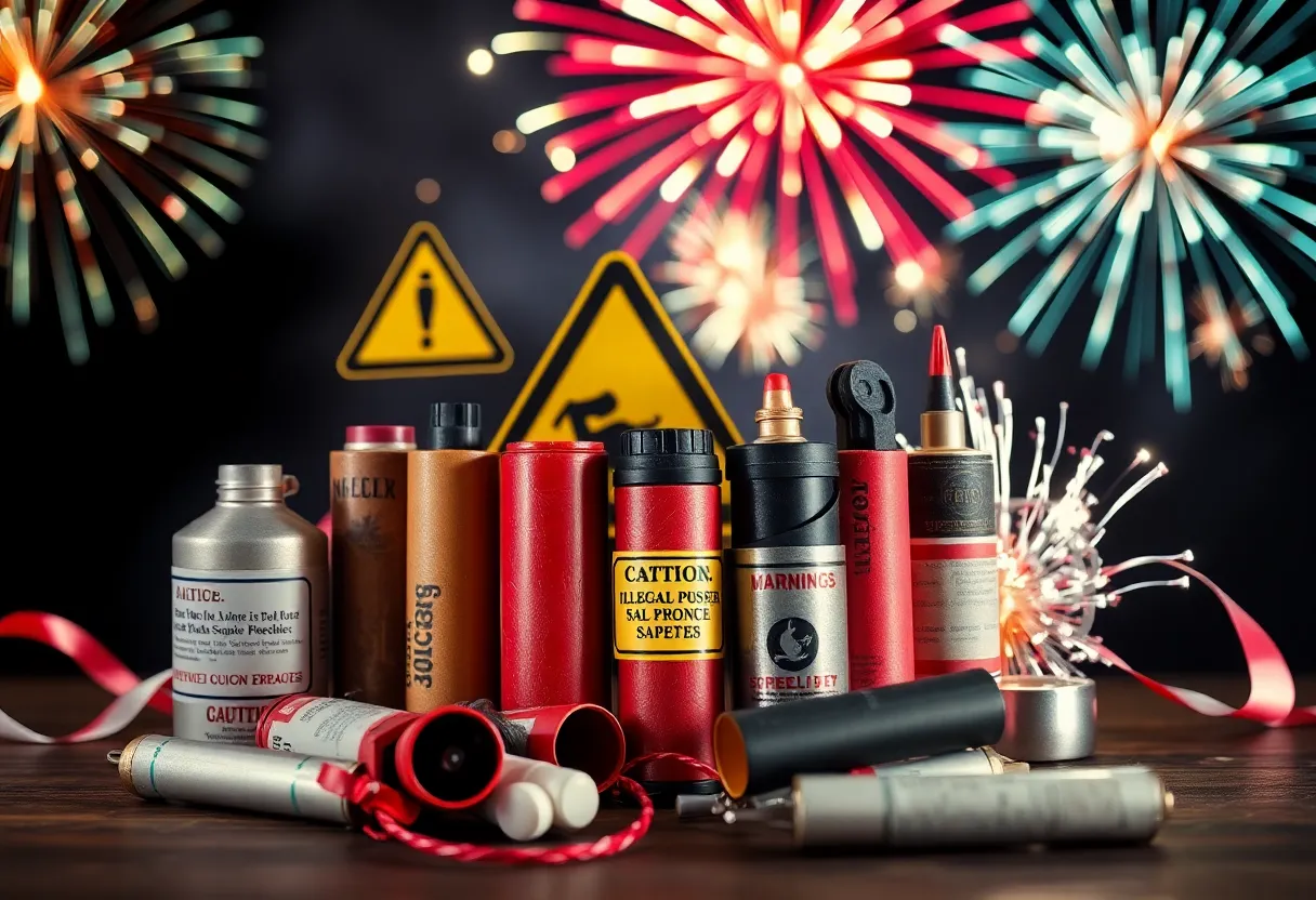 Caution sign against a backdrop of Fourth of July fireworks highlighting illegal explosives