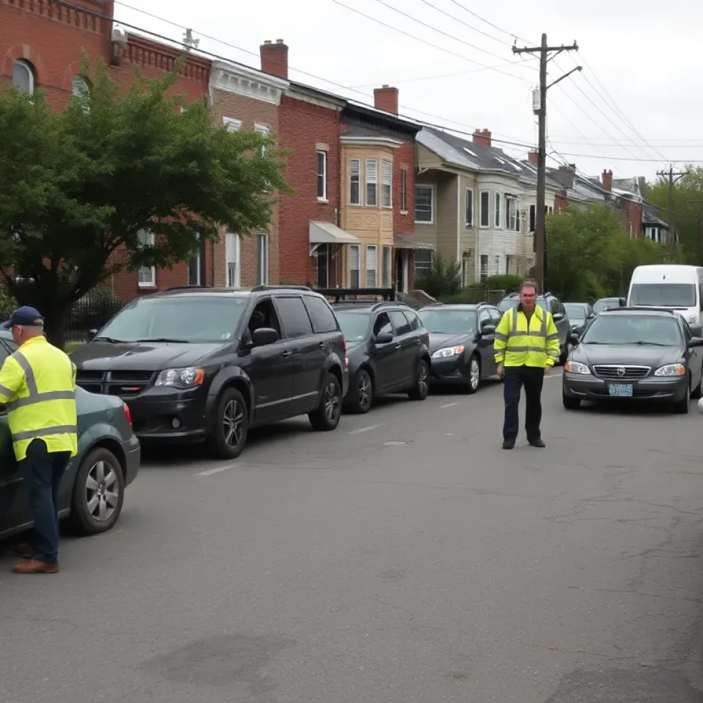 Abandoned vehicles being towed in a Philadelphia neighborhood.