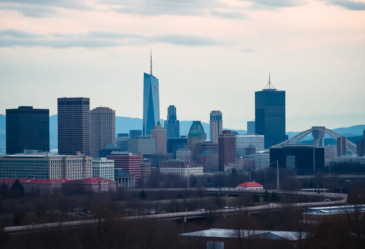 Skyline of Allegheny County with financial indicators showing budget cuts