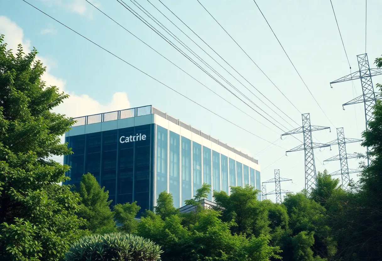 Amazon data center surrounded by trees and power lines in Pennsylvania