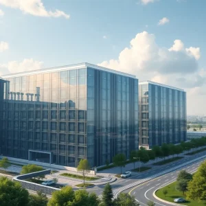 Conceptual image of an Amazon data center in Pennsylvania showcasing energy efficiency and modern architecture.