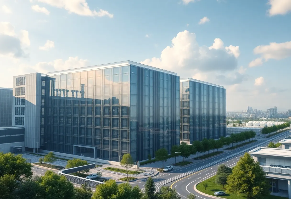 Conceptual image of an Amazon data center in Pennsylvania showcasing energy efficiency and modern architecture.