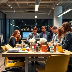 Promotional products showcased in a collaborative office environment.