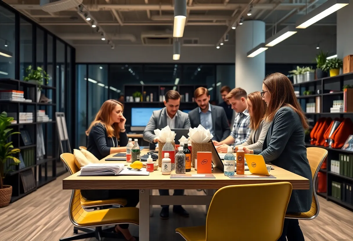 Promotional products showcased in a collaborative office environment.