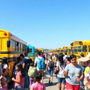 Families enjoying the Philadelphia Back-to-School Bus Tour with school supplies and activities.