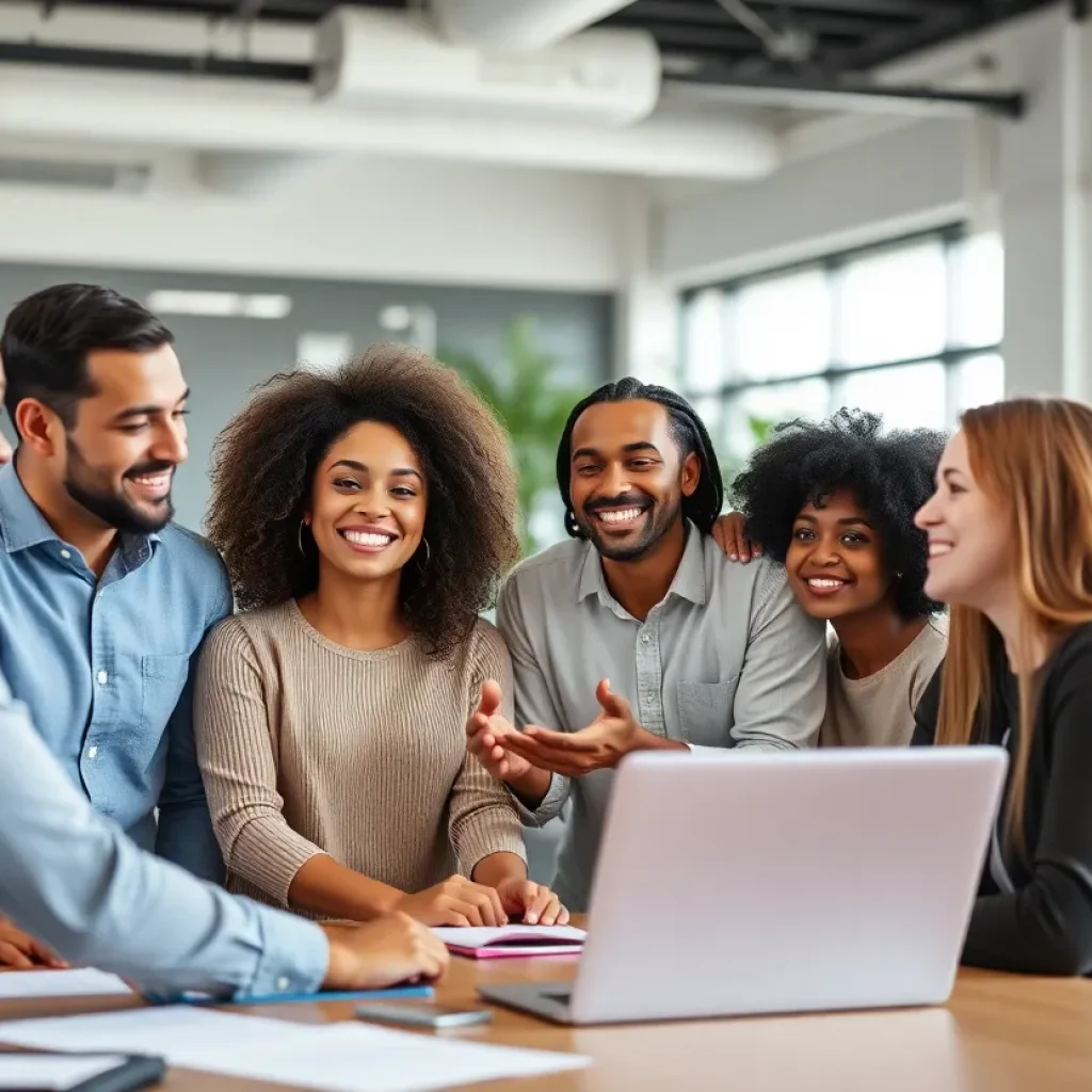 A diverse team celebrating workplace success in an office.
