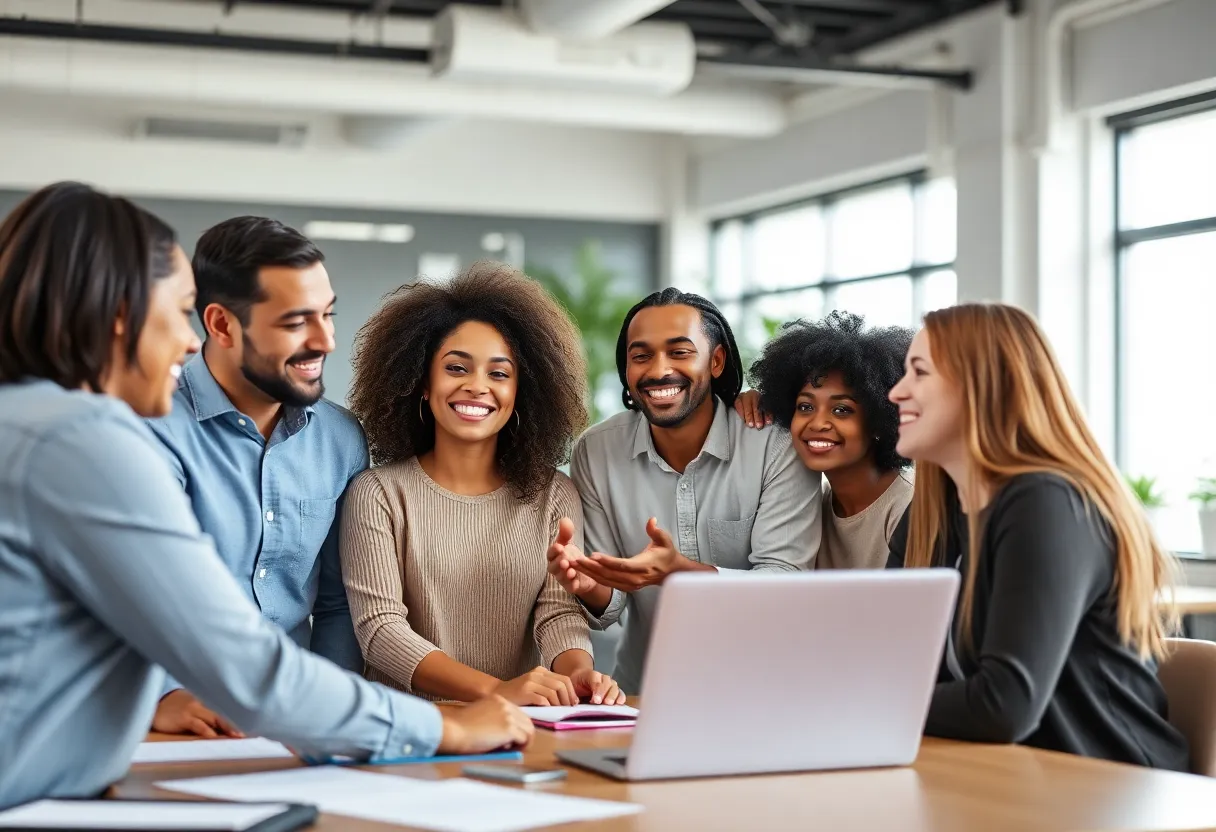 A diverse team celebrating workplace success in an office.
