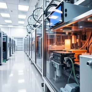 Biopharmaceutical manufacturing equipment in a modern facility