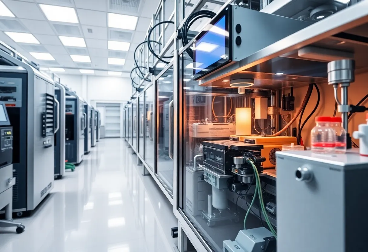 Biopharmaceutical manufacturing equipment in a modern facility