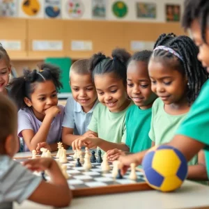 Diverse group of children participating in enrichment activities in a school