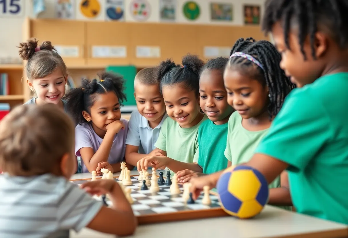 Diverse group of children participating in enrichment activities in a school