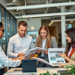 Real estate agents collaborating in a modern office setting.
