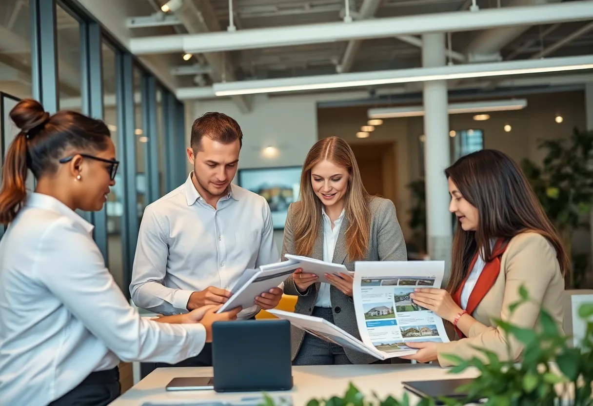 Real estate agents collaborating in a modern office setting.