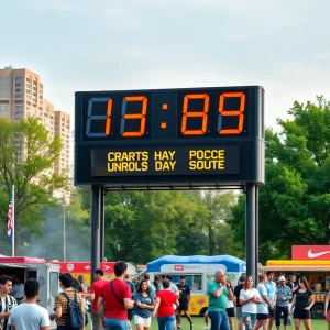 Countdown clock and people celebrating in a city park for the 2026 FIFA World Cup.