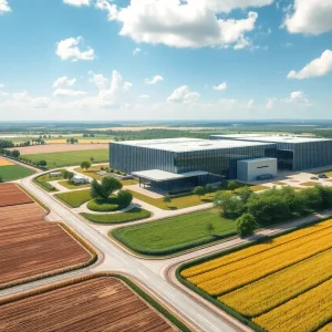 Render of a data center in Beaver Dam surrounded by farmland