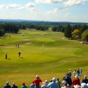 A scenic view of the Doylestown golf course with players and spectators